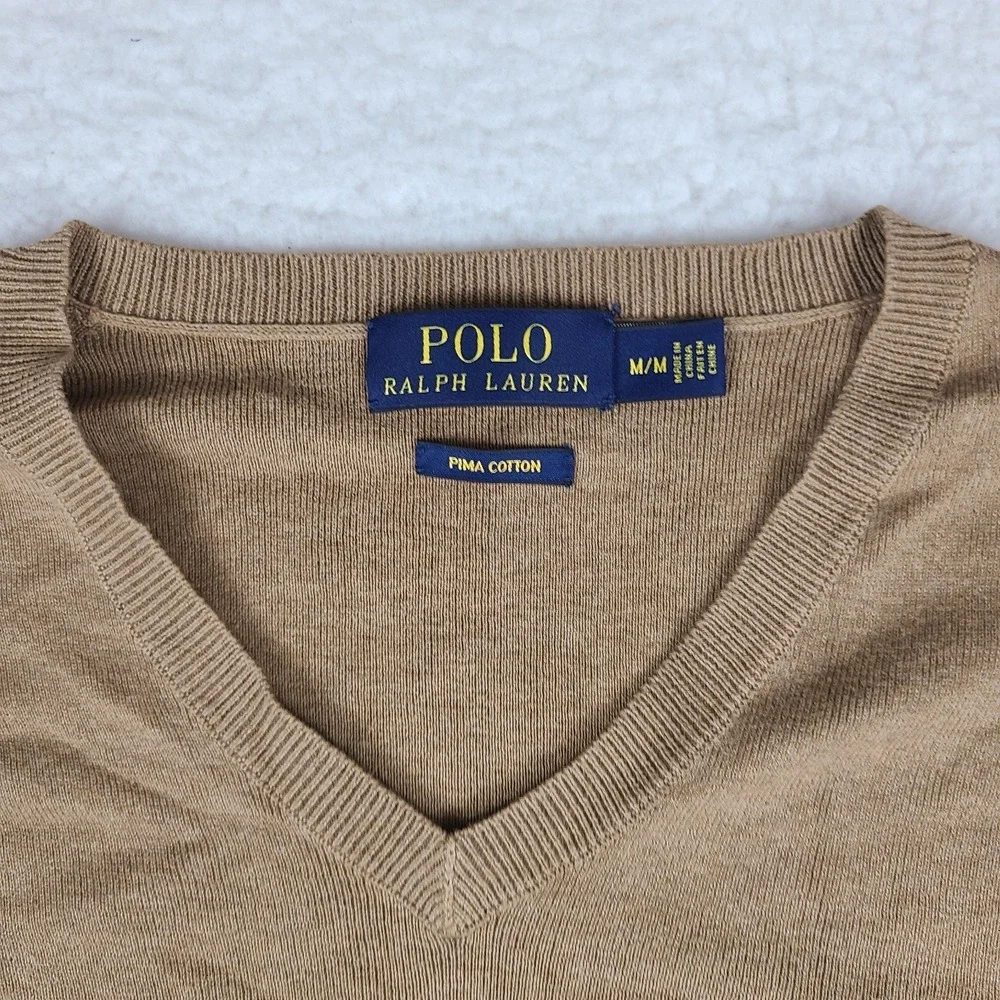 Polo Ralph Lauren Sweater Mens Medium Brown V Neck Pima Cotton Sweatshirt
